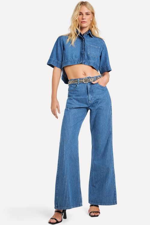 Calca Jeans Anny Wide Leg High Stripe