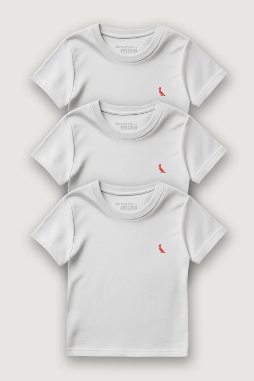 KIT 3 CAMISETAS MINI BRASA BRANCA PICA PAU BORDADO
